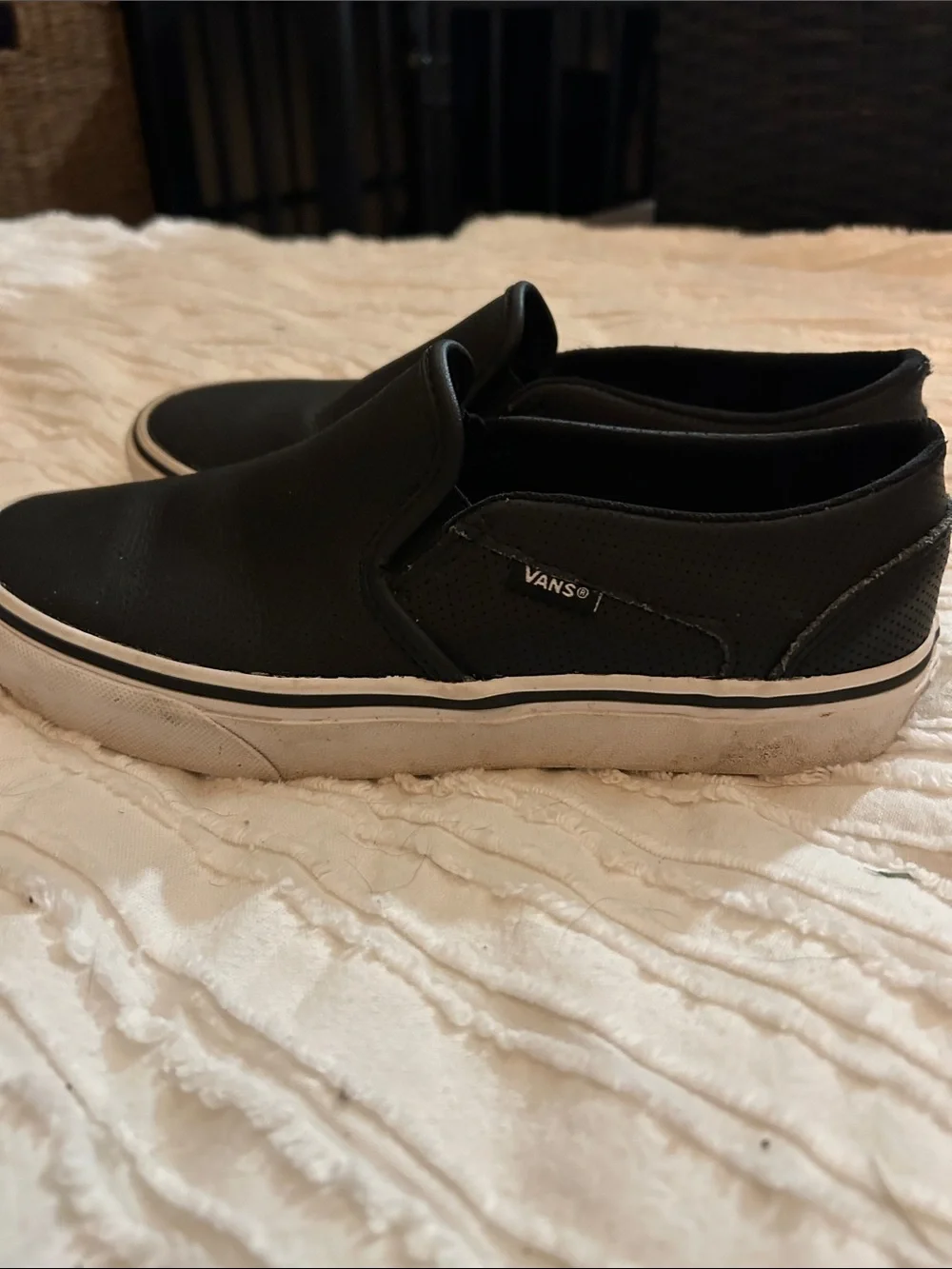 Vans Black Leather Slip-On Shoes with White Sole